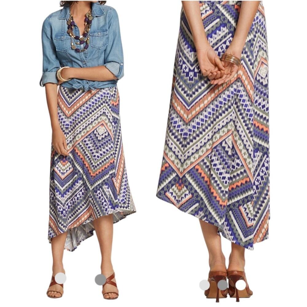 CHICOS Colorful Tribal Ikat Asymmetrical Midi Skirt Size Large Business Casual